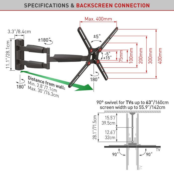 Barkan Mounts Extra lång TV-väggfäste 13 - 65 tum | Max. 36 kg | VESA 400x400