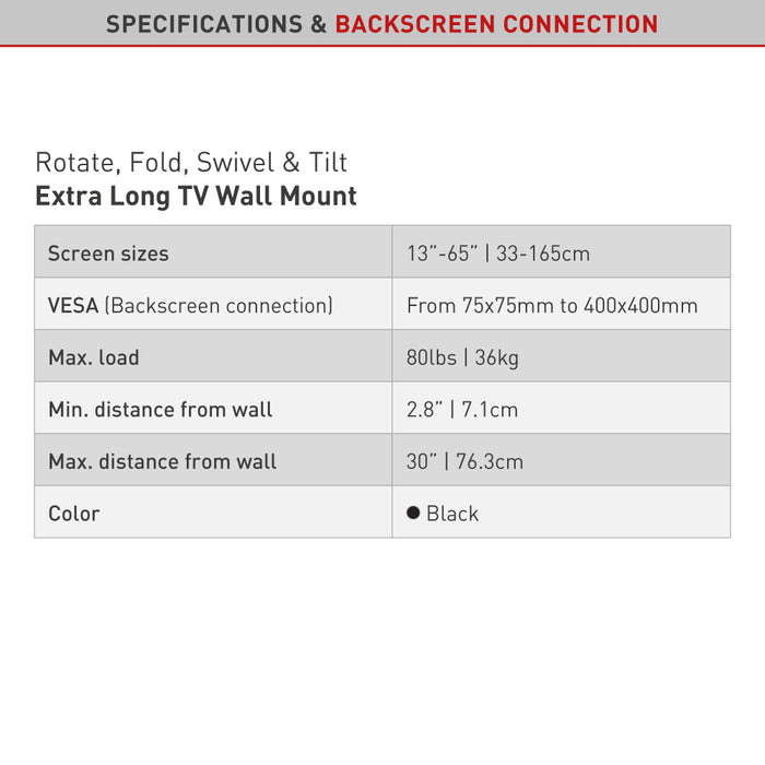 Barkan Mounts Extra lång TV-väggfäste 13 - 65 tum | Max. 36 kg | VESA 400x400