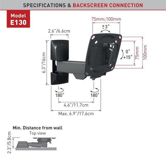 Barkan Mounts kompakt TV-fäste för små skärmar |13-29 tum |Fullrörlig |Gaming |Avstånd 5,8 cm - 17,6 cm