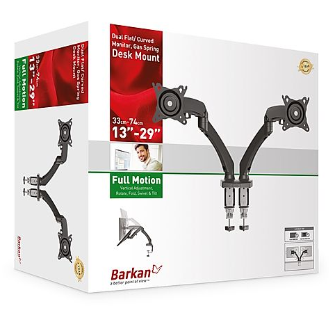 Barkan Mounts dubbel monitorarm med bordsfäste |upp till 29 tum |2 skärmar |Gasfjäder