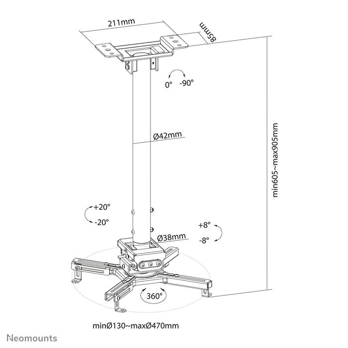 Neomounts CL25-540BL1 universell projektor takfäste, höjdjusterbart (60,5-90,5 cm) - Svart