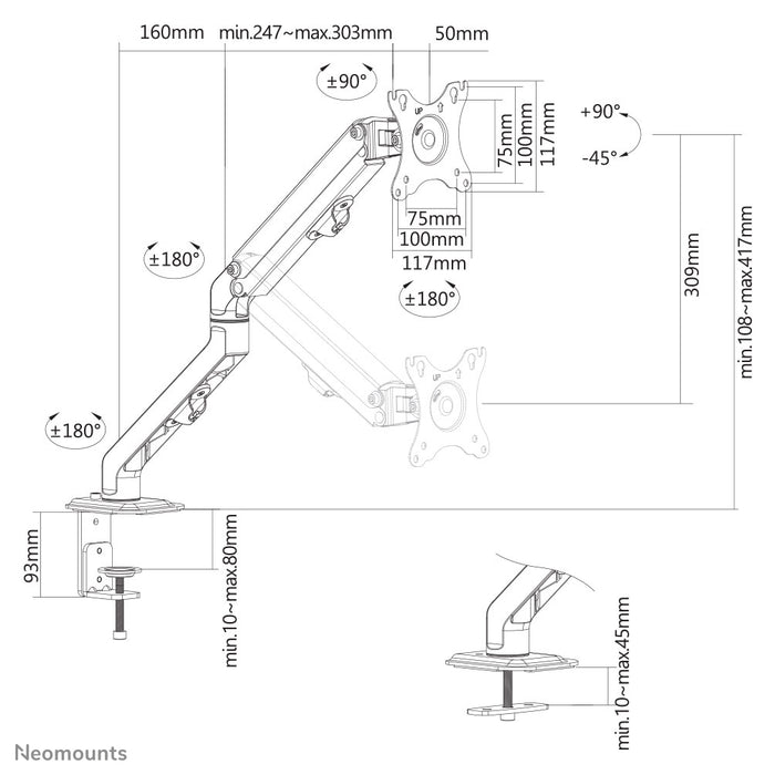 Neomounts FPMA-D650 svart är ett full motion skrivbordsfäste för skärmar upp till 27 tum (69 cm).