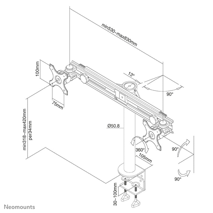 Neomounts FPMA-D700D är ett skrivbordsfäste för 2 platta skärmar upp till 30 tum (76 cm).