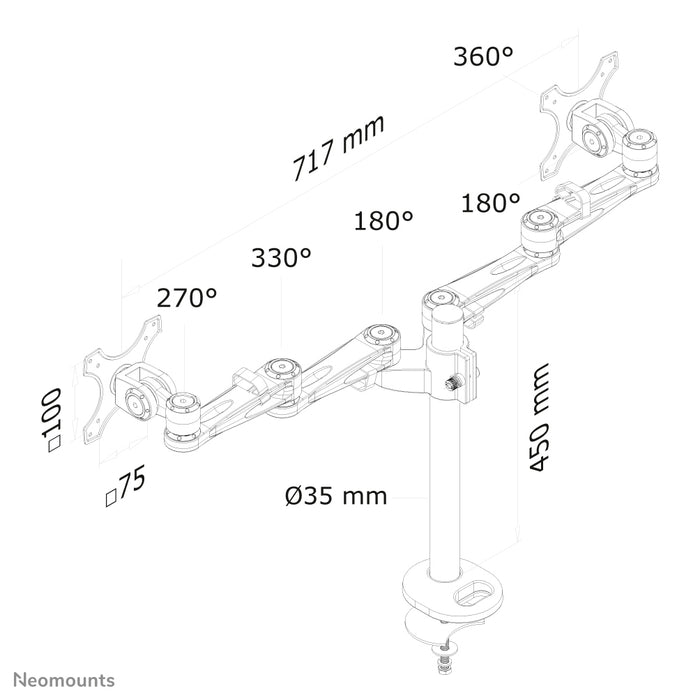 Neomounts FPMA-D935DG är ett skrivbordsfäste för 2 platta skärmar upp till 27 tum (69 cm).
