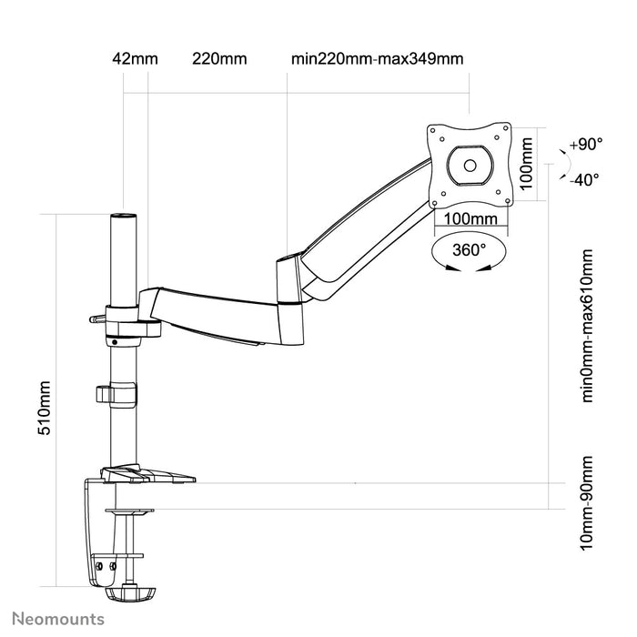 Neomounts FPMA-D950 är ett skrivbordsfäste med gasfjäder för platta skärmar upp till 27 tum.