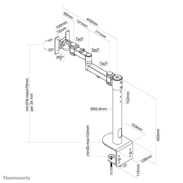 Neomounts FPMA-D960 svartPLUS är ett skrivbordsfäste med 3 vridpunkter för böjda skärmar upp till 49 tum (124 cm).