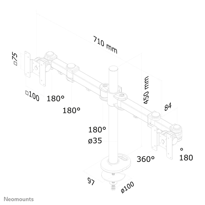 Neomounts FPMA-D960DG är ett skrivbordsfäste för 2 platta skärmar upp till 27 tum (69 cm).