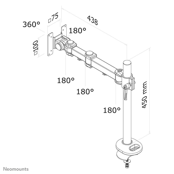 Neomounts FPMA-D960G är ett skrivbordsfäste med 3 vridpunkter för flatskärmar upp till 30 tum (76 cm).