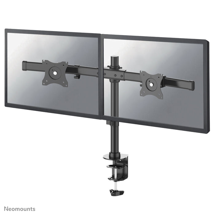 Neomounts FPMA-DCB100D svart är ett korsarmstativ för skrivbord för 2 platta skärmar upp till 27 tum (69 cm).