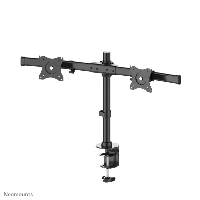 Neomounts FPMA-DCB100D svart är ett korsarmstativ för skrivbord för 2 platta skärmar upp till 27 tum (69 cm).
