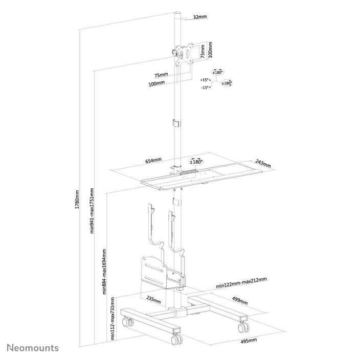 Neomounts FPMA-MOBILE1700 är en mobil arbetsplats för en bildskärm (max 32 tum/81 cm), PC, tangentbord och mus.