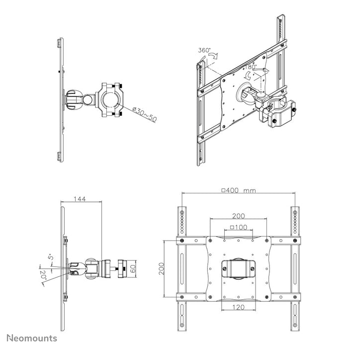 Neomounts FPMA-WP440black är ett tiltbart och svängbart pelarfäste för LCD/LED/TFT-skärmar upp till 52 tum (132 cm).