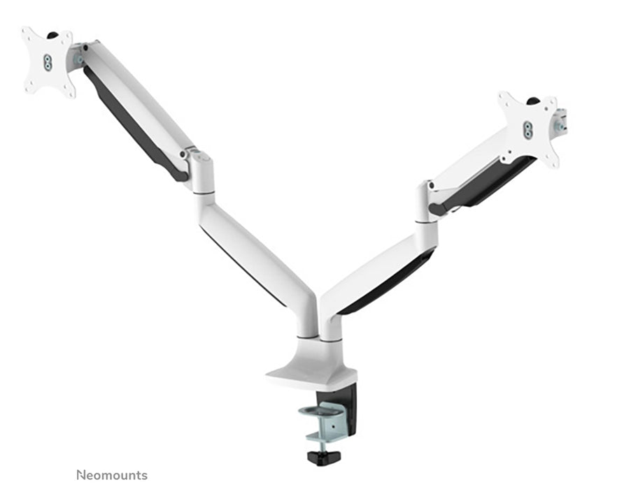 Neomounts NM-D750D vit är ett gasfjädrat skrivbordsstöd för två platta skärmar upp till 32 tum (82 cm).