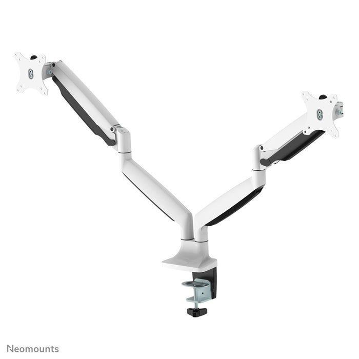Neomounts NM-D750D vit är ett gasfjädrat skrivbordsstöd för två platta skärmar upp till 32 tum (82 cm).