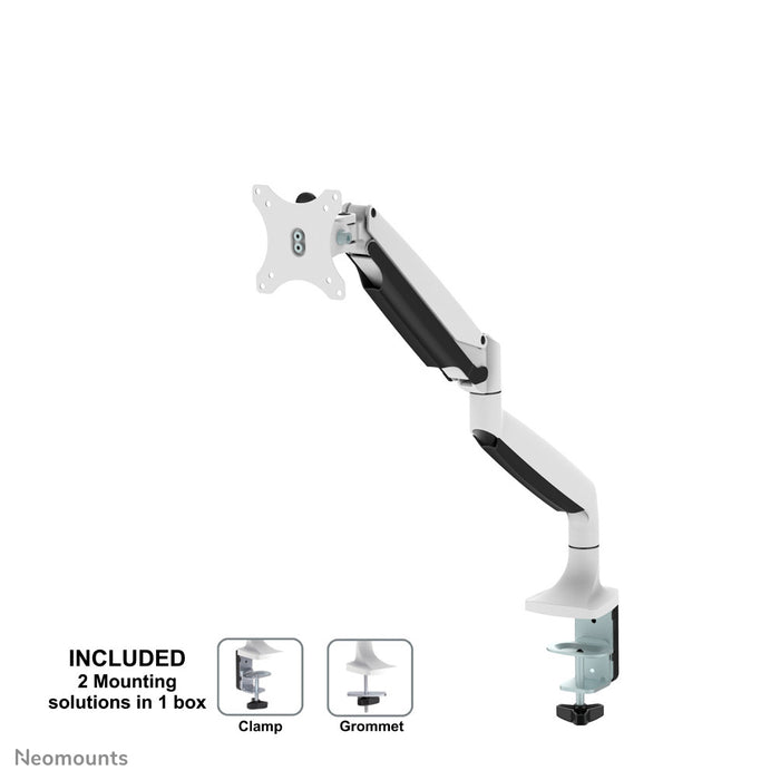 Neomounts NM-D750 vit är ett skrivbordsfäste med gasfjäder för platta skärmar upp till 32 tum (82 cm).
