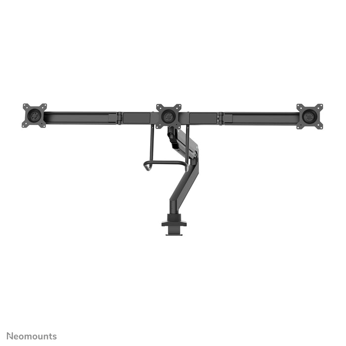 Neomounts NM-D775DX3 svart är ett gasfjädrat skrivbordsstöd med tvärstång och handtag för platta skärmar upp till 27 tum (68,6 cm).