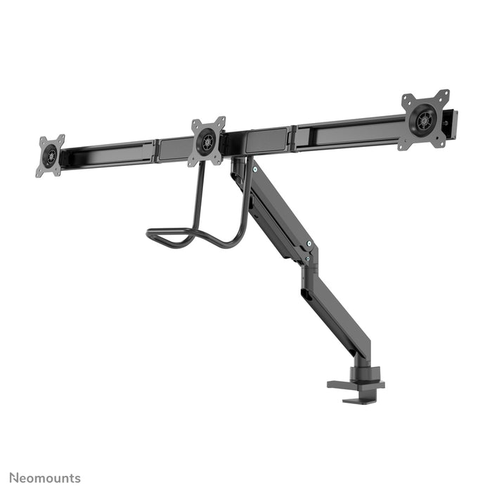 Neomounts NM-D775DX3 svart är ett gasfjädrat skrivbordsstöd med tvärstång och handtag för platta skärmar upp till 27 tum (68,6 cm).