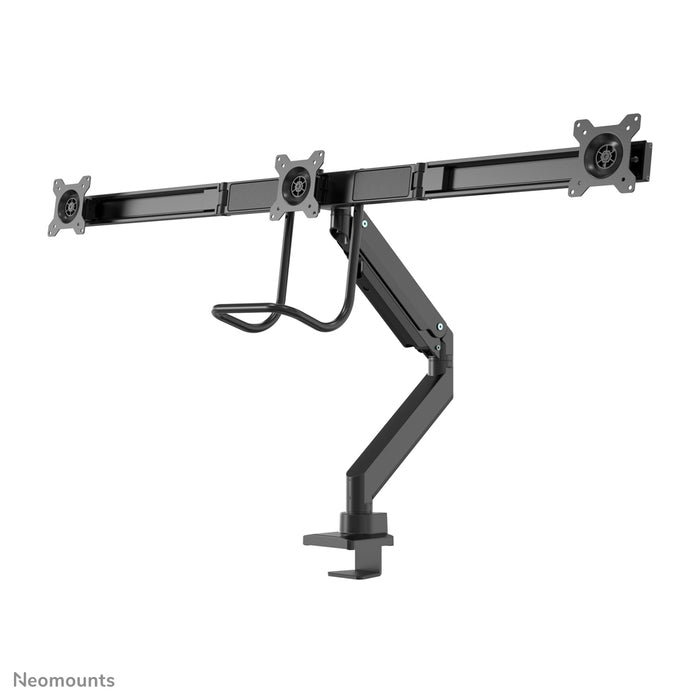 Neomounts NM-D775DX3 svart är ett gasfjädrat skrivbordsstöd med tvärstång och handtag för platta skärmar upp till 27 tum (68,6 cm).