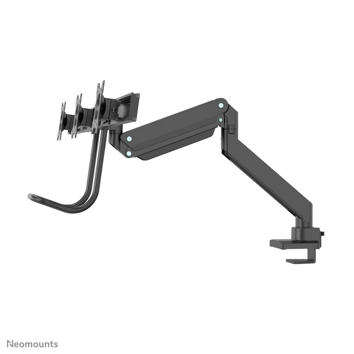 Neomounts NM-D775DX3 svart är ett gasfjädrat skrivbordsstöd med tvärstång och handtag för platta skärmar upp till 27 tum (68,6 cm).