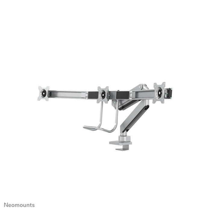 Neomounts NM-D775DX3 silver är ett gasfjädrat skrivbordsstöd med tvärstång och handtag för platta skärmar upp till 27 tum (68,6 cm).
