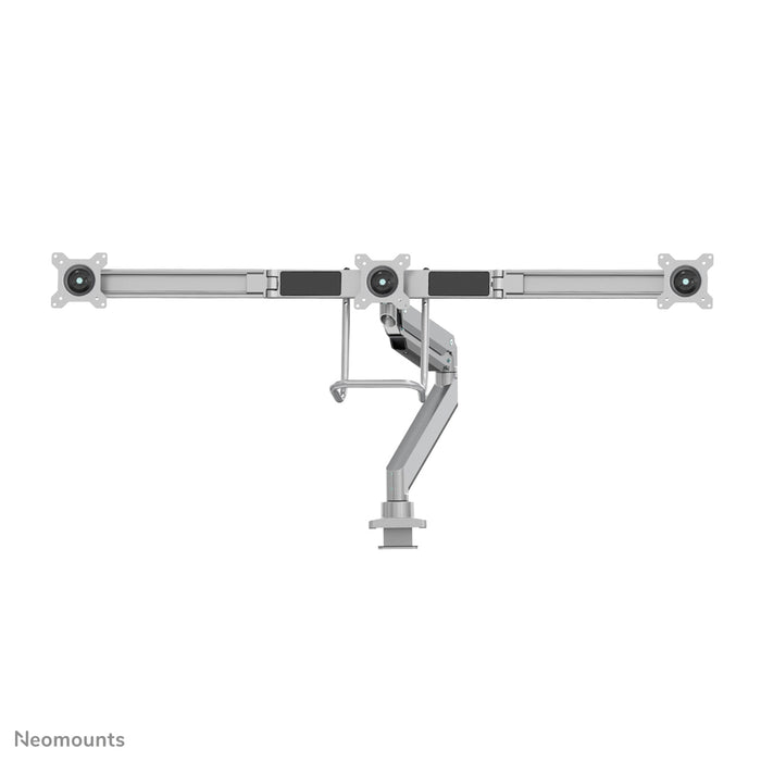 Neomounts NM-D775DX3 silver är ett gasfjädrat skrivbordsstöd med tvärstång och handtag för platta skärmar upp till 27 tum (68,6 cm).