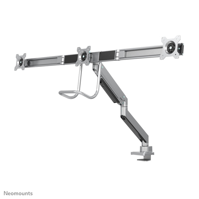 Neomounts NM-D775DX3 silver är ett gasfjädrat skrivbordsstöd med tvärstång och handtag för platta skärmar upp till 27 tum (68,6 cm).