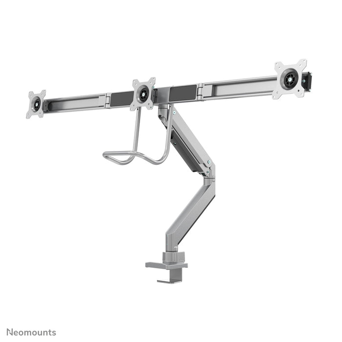 Neomounts NM-D775DX3 silver är ett gasfjädrat skrivbordsstöd med tvärstång och handtag för platta skärmar upp till 27 tum (68,6 cm).