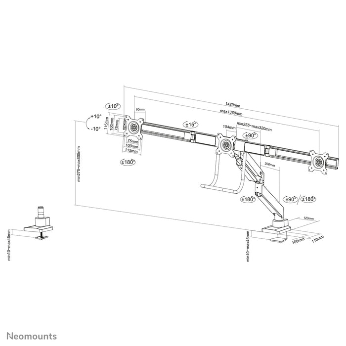 Neomounts NM-D775DX3 silver är ett gasfjädrat skrivbordsstöd med tvärstång och handtag för platta skärmar upp till 27 tum (68,6 cm).
