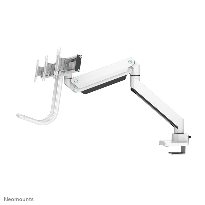 Neomounts NM-D775DX3 vit är ett gasfjädrat skrivbordsstöd med tvärstång och handtag för platta skärmar upp till 27 tum (68,6 cm).