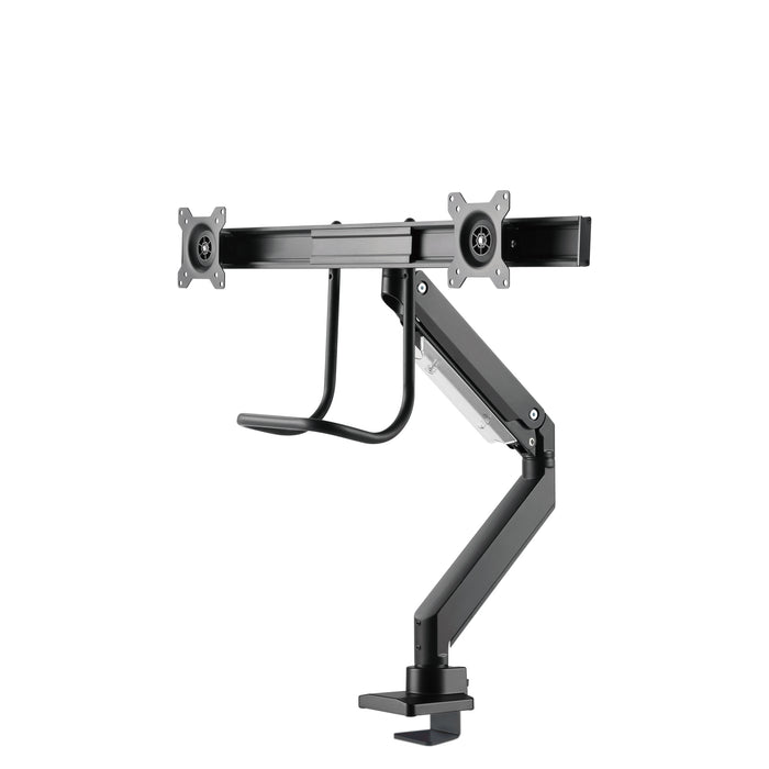 Neomounts NM-D775DX svart är ett gasfjädrat skrivbordsfäste med tvärstång och handtag för platta skärmar upp till 32 tum (81 cm).