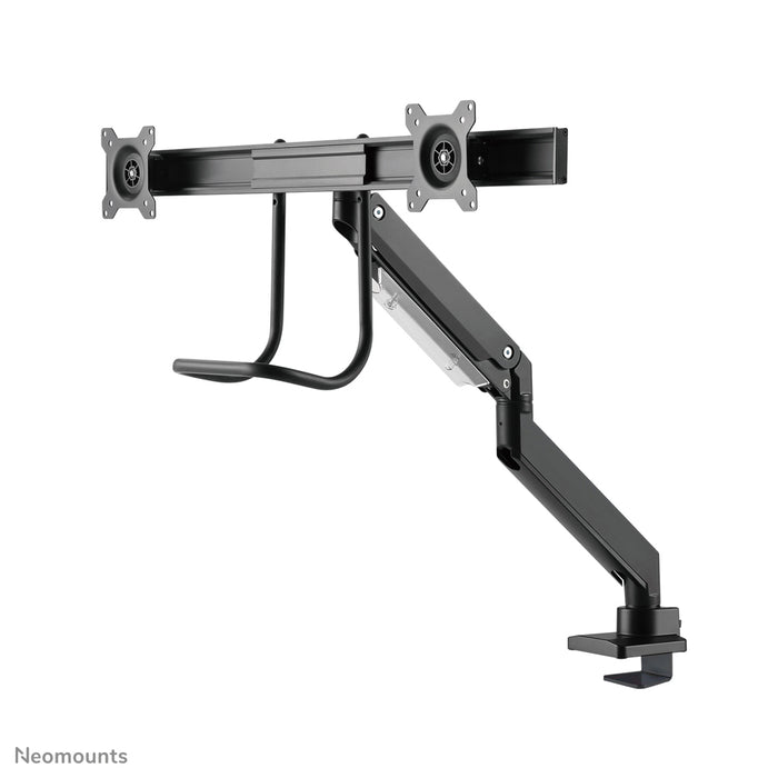 Neomounts NM-D775DX svart är ett gasfjädrat skrivbordsfäste med tvärstång och handtag för platta skärmar upp till 32 tum (81 cm).