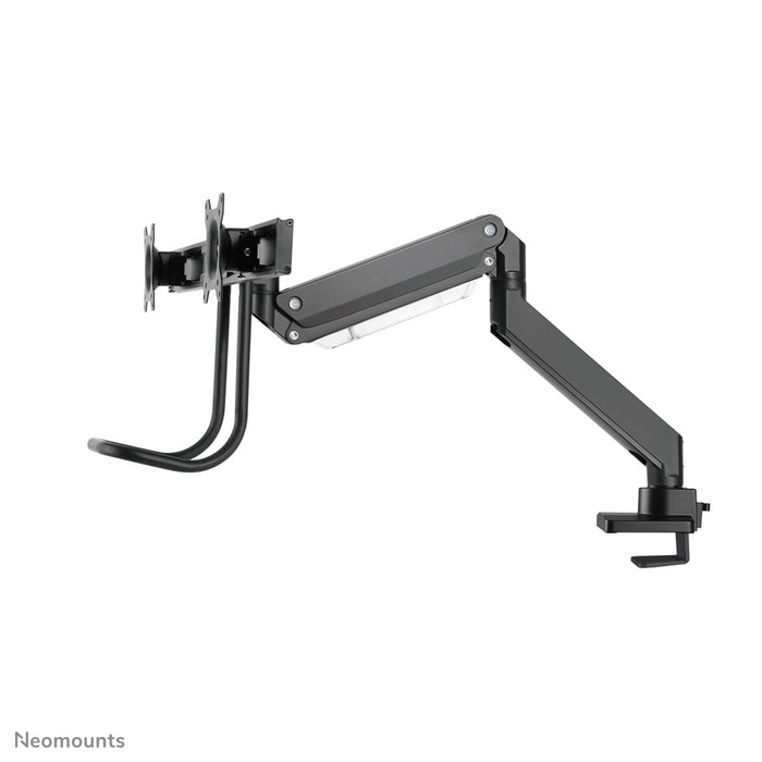 Neomounts NM-D775DX svart är ett gasfjädrat skrivbordsfäste med tvärstång och handtag för platta skärmar upp till 32 tum (81 cm).