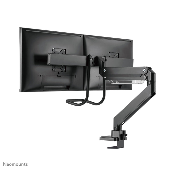 Neomounts NM-D775DX svart är ett gasfjädrat skrivbordsfäste med tvärstång och handtag för platta skärmar upp till 32 tum (81 cm).