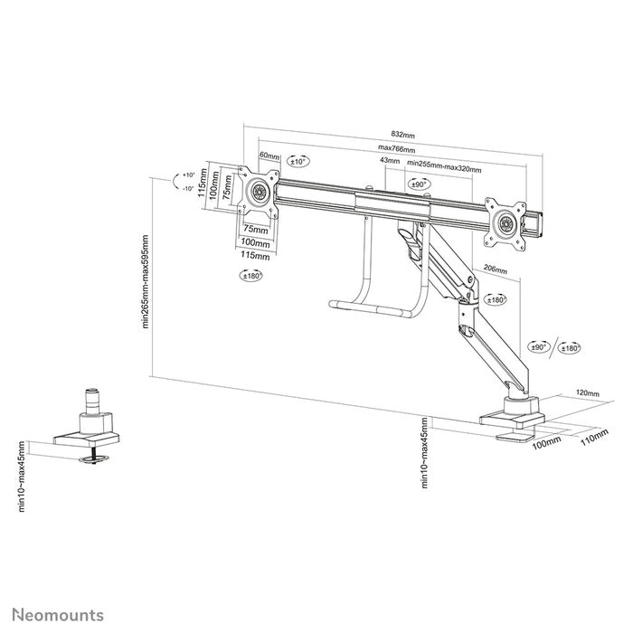 Neomounts NM-D775DX svart är ett gasfjädrat skrivbordsfäste med tvärstång och handtag för platta skärmar upp till 32 tum (81 cm).