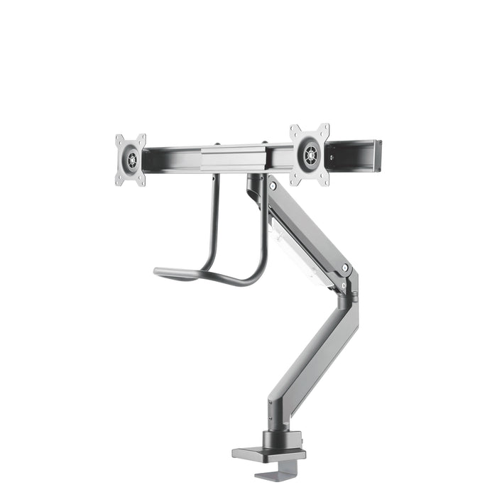 Neomounts NM-D775DX silver är ett gasfjädrat skrivbordsstöd med tvärstång och handtag för platta skärmar upp till 32 tum (81 cm).
