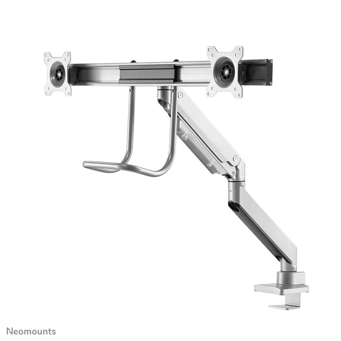 Neomounts NM-D775DX silver är ett gasfjädrat skrivbordsstöd med tvärstång och handtag för platta skärmar upp till 32 tum (81 cm).