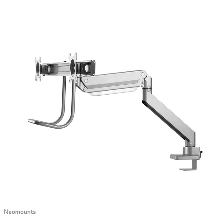 Neomounts NM-D775DX silver är ett gasfjädrat skrivbordsstöd med tvärstång och handtag för platta skärmar upp till 32 tum (81 cm).