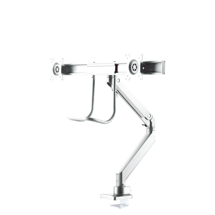 Neomounts NM-D775DX vit är ett gasfjädrat skrivbordsstöd med tvärstång och handtag för platta skärmar upp till 32 tum (81 cm).