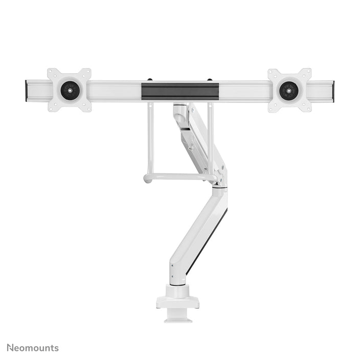 Neomounts NM-D775DX vit är ett gasfjädrat skrivbordsstöd med tvärstång och handtag för platta skärmar upp till 32 tum (81 cm).