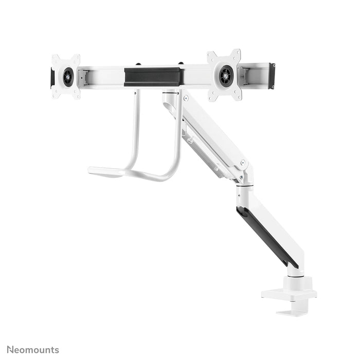 Neomounts NM-D775DX vit är ett gasfjädrat skrivbordsstöd med tvärstång och handtag för platta skärmar upp till 32 tum (81 cm).