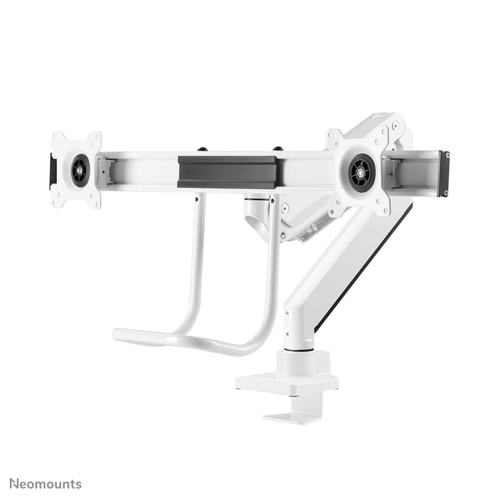 Neomounts NM-D775DX vit är ett gasfjädrat skrivbordsstöd med tvärstång och handtag för platta skärmar upp till 32 tum (81 cm).