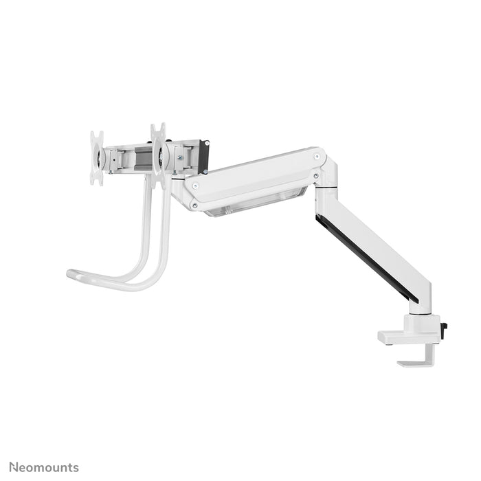 Neomounts NM-D775DX vit är ett gasfjädrat skrivbordsstöd med tvärstång och handtag för platta skärmar upp till 32 tum (81 cm).