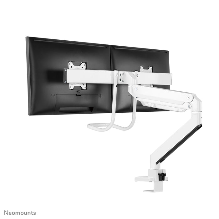 Neomounts NM-D775DX vit är ett gasfjädrat skrivbordsstöd med tvärstång och handtag för platta skärmar upp till 32 tum (81 cm).