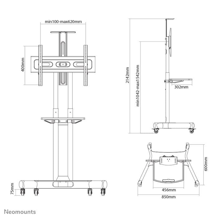 Neomounts NM-M1700 svart är en flyttbar möbel för flatskärmar upp till 75 tum (191 cm). Inklusive laptopplatta - Svart