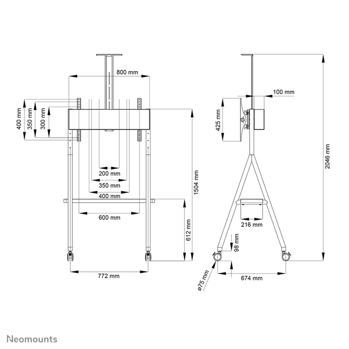 Neomounts NS-M1500black är en flyttbar möbel för flatskärmar upp till 65 tum (165 cm). Inklusive laptopplatta - Svart