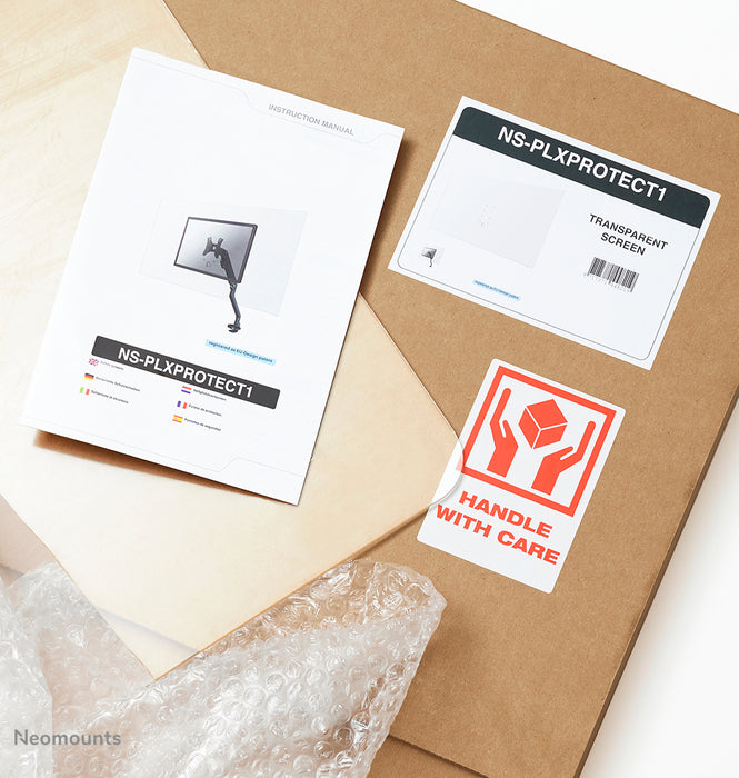 Neomounts NS-PLXPROTECT1 är en transparent skärm för 1 platt skärm och erbjuder avståndsskydd på arbetsplatsen. Transparent akryl, 100 % återvinningsbar | PLXPROTECT är registrerat som EU-designpatent |