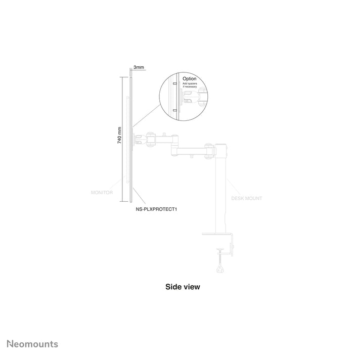 Neomounts NS-PLXPROTECT1 är en transparent skärm för 1 platt skärm och erbjuder avståndsskydd på arbetsplatsen. Transparent akryl, 100 % återvinningsbar | PLXPROTECT är registrerat som EU-designpatent |