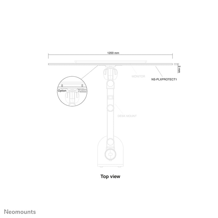 Neomounts NS-PLXPROTECT1 är en transparent skärm för 1 platt skärm och erbjuder avståndsskydd på arbetsplatsen. Transparent akryl, 100 % återvinningsbar | PLXPROTECT är registrerat som EU-designpatent |