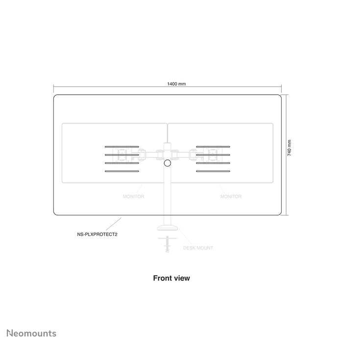 Neomounts NS-PLXPROTECT2 är en transparent skärm för 2 platta skärmar och erbjuder avståndsskydd på arbetsplatsen - Transparent akryl, 100 % återvinningsbar | PLXPROTECT är registrerat som EU-designpatent |