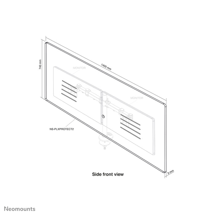 Neomounts NS-PLXPROTECT2 är en transparent skärm för 2 platta skärmar och erbjuder avståndsskydd på arbetsplatsen - Transparent akryl, 100 % återvinningsbar | PLXPROTECT är registrerat som EU-designpatent |